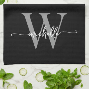 Modern Black Gray Custom Monogram Name Script Kitchen Towel