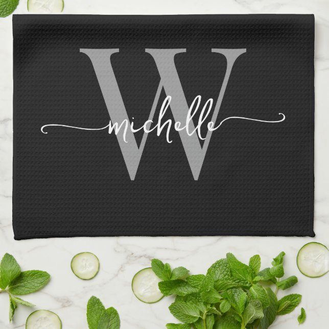 Modern Black Gray Custom Monogram Name Script Kitchen Towel (Folded)