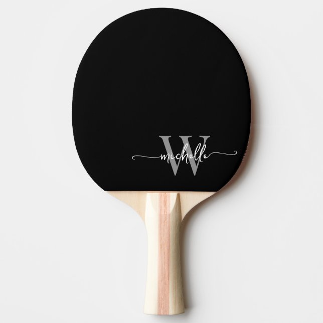 Modern Black Gray Custom Monogram Name Script Ping Pong Paddle (Front)