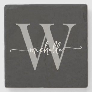 Modern Black Gray Custom Monogram Name Script Stone Coaster