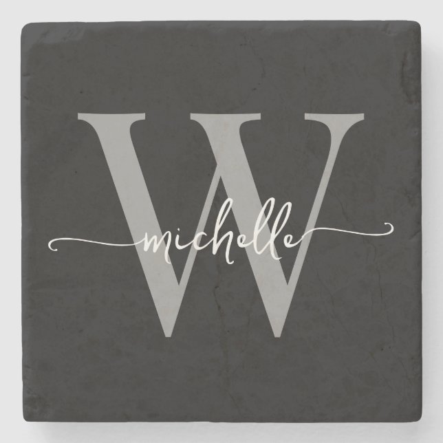 Modern Black Gray Custom Monogram Name Script Stone Coaster (Front)