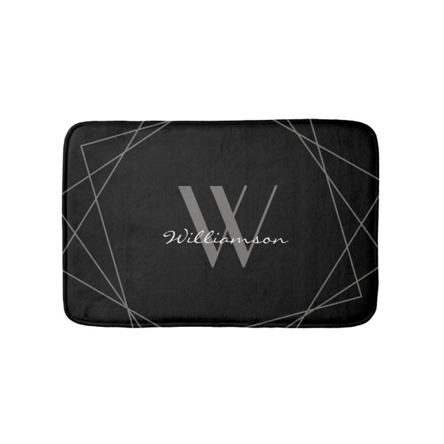 Modern Black Gray Elegant White Monogram Script Bath Mat (Front)