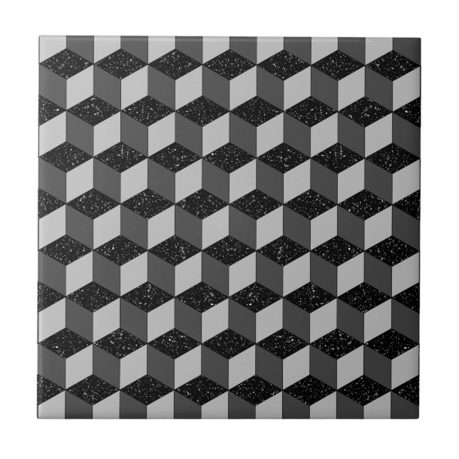 Modern Black Gray Geometric 3D Cube Pattern Ceramic Tile (Front)