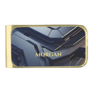 Modern Black & Gray Geometric Design, Gold Name Finish Money Clip