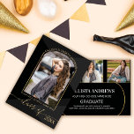 Modern Black Gray Geometric Photo Graduation Announcement<br><div class="desc">This modern, abstract, and chic photo graduation announcement card is perfect for your daughter's special day. It features handwritten signature script faux printed gold sparkly glitter typography, a four photo collage with faux gold frames (arch, oval, and square), and a simple black and gray geometric triangle background. It's elegant, sleek,...</div>