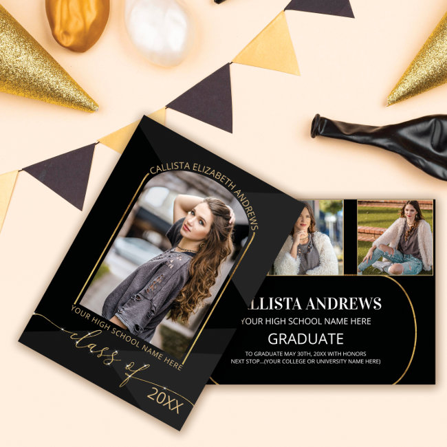 Modern Black Gray Geometric Photo Graduation Announcement