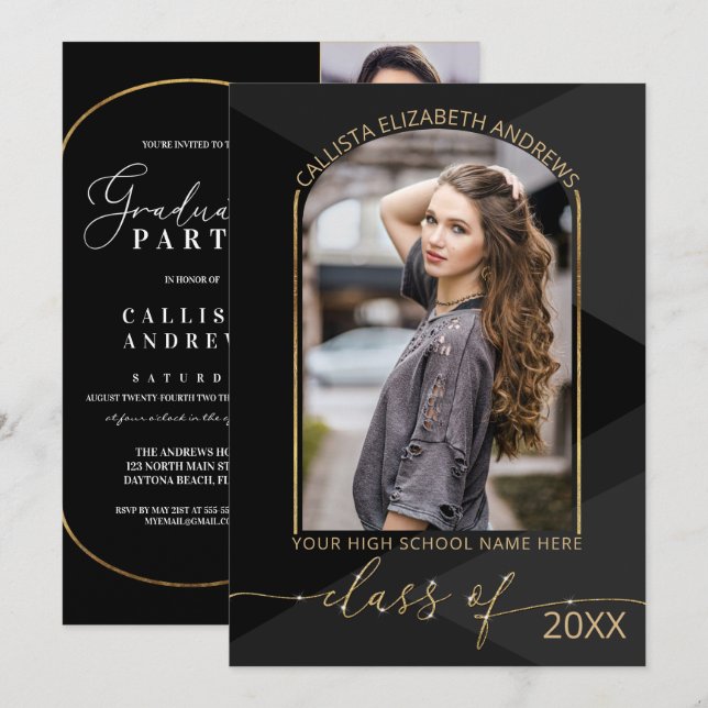 Modern Black Gray Geometric Photo Graduation Invit Invitation (Front/Back)