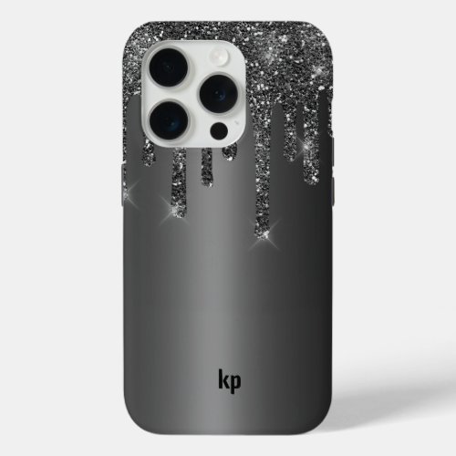 Modern black gray glitter drips on metallic black iPhone 15 pro case