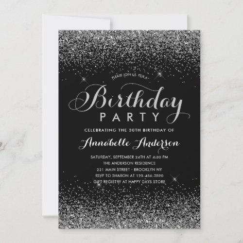Modern Black Gray Glitter Sparkle Any Age Birthday Invitation