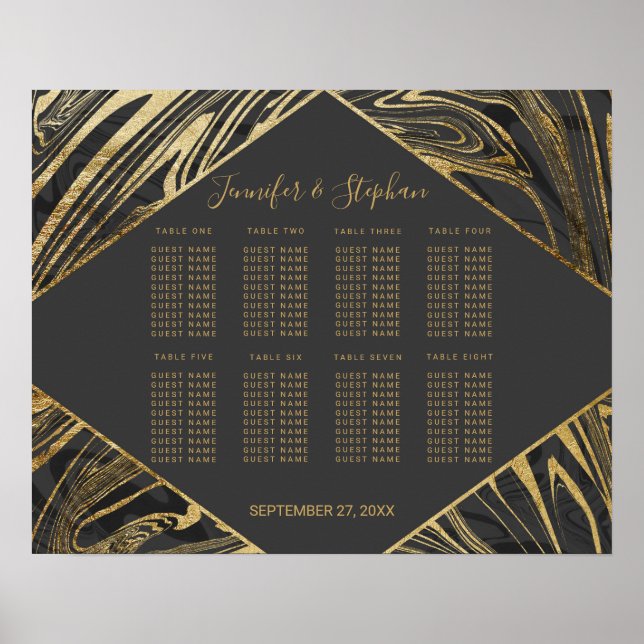Modern Black Gray Gold Marble Swirl Seating Chart (Front)