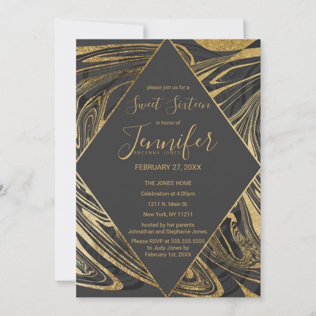 Modern Black Gray Gold Marble Swirl Sweet 16 Invitation (Front)