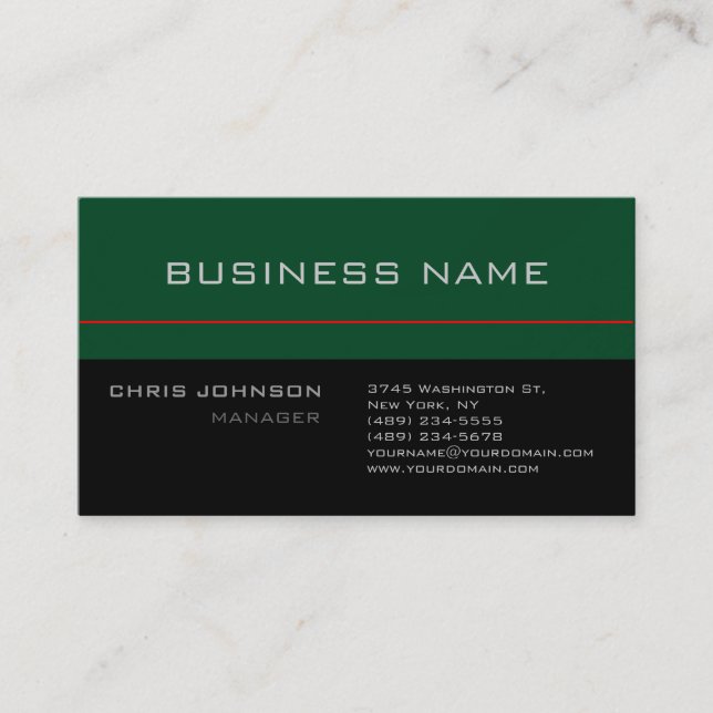 Modern Black Gray Green Red Trendy Business Card (Front)