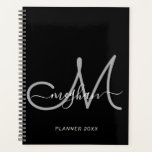 Modern Black Gray Handwritten Script Monogram 2022 Planner<br><div class="desc">Modern, trendy girly black and gray script custom personalized name and monogrammed planner. This simple elegant design features white first name template in cursive hand lettering font with swashes in white and a huge hand-written monogram initial script in gray color on black background. This feminine, pretty notebook is a perfect...</div>