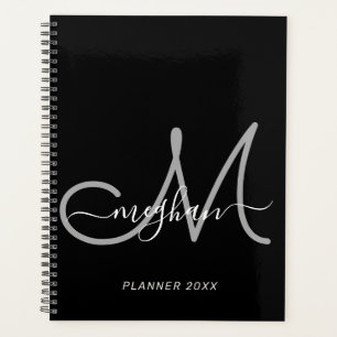 Modern Black Gray Handwritten Script Monogram 2022 Planner