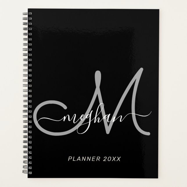 Modern Black Gray Handwritten Script Monogram 2022 Planner (Front)