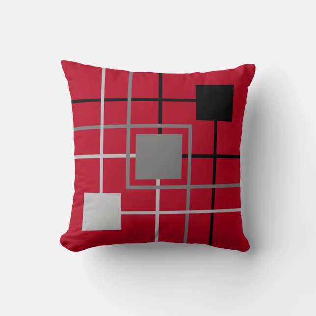 Modern Black Gray Lines & Squares on Burgundy Red Throw Pillow (Front)