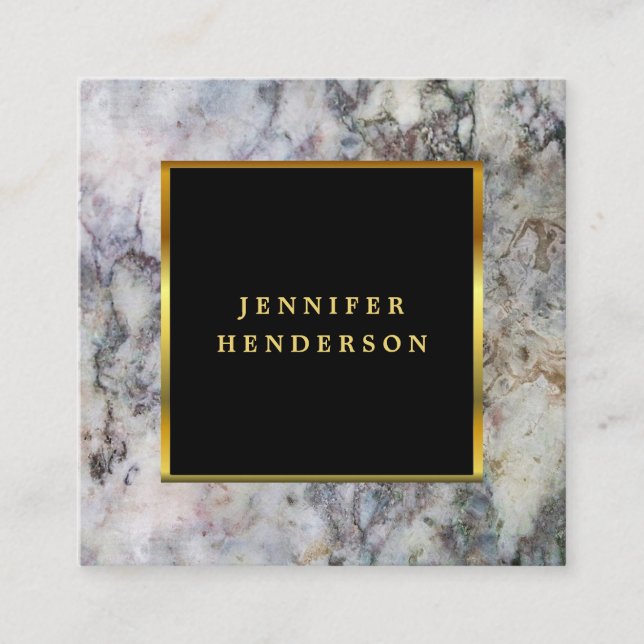 Modern black gray marble and gold professional square business card (Front)