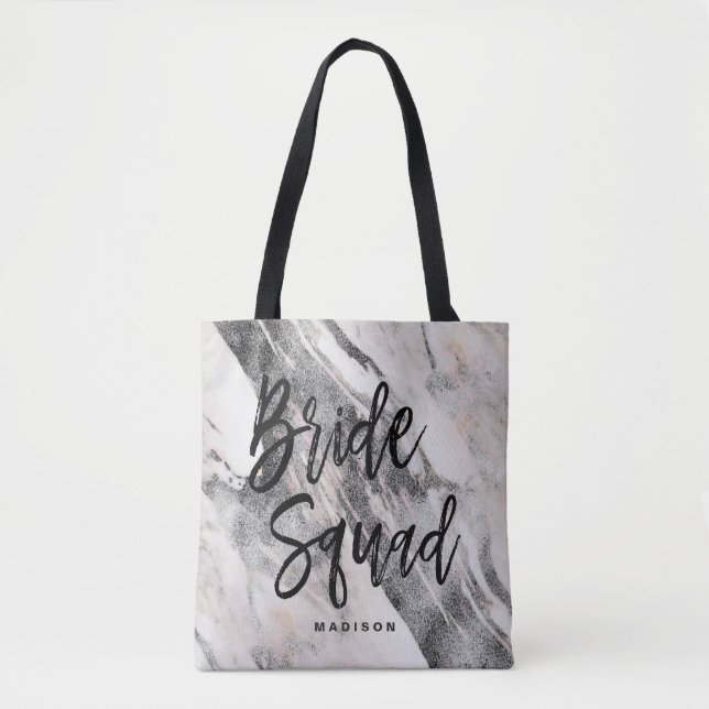 Modern Black & Gray Marble Bride Tribe Monogram Tote Bag (Front)