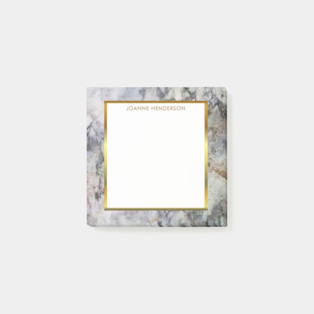Modern black gray marble gold frame personal post-it notes (Front)