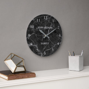 Modern black gray marble pattern family name large clock