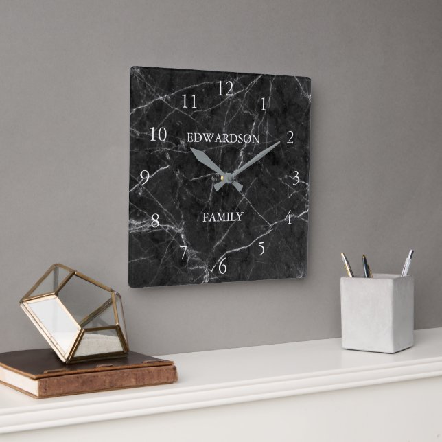 Modern black gray marble pattern family name square wall clock (Office)