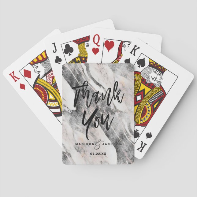 Modern Black & Gray Marble Wedding Thank You Poker Cards (Back)
