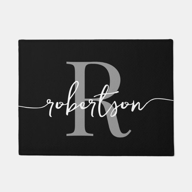 Modern Black Gray Monogram Family Name Script Doormat (Front)