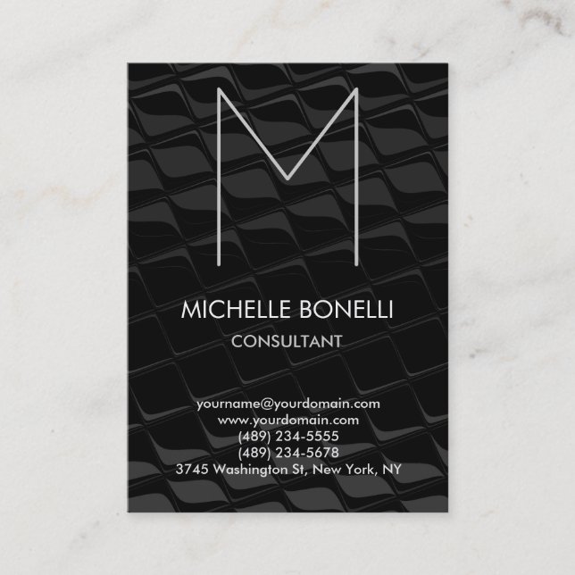 Modern black gray monogram pattern business card (Front)