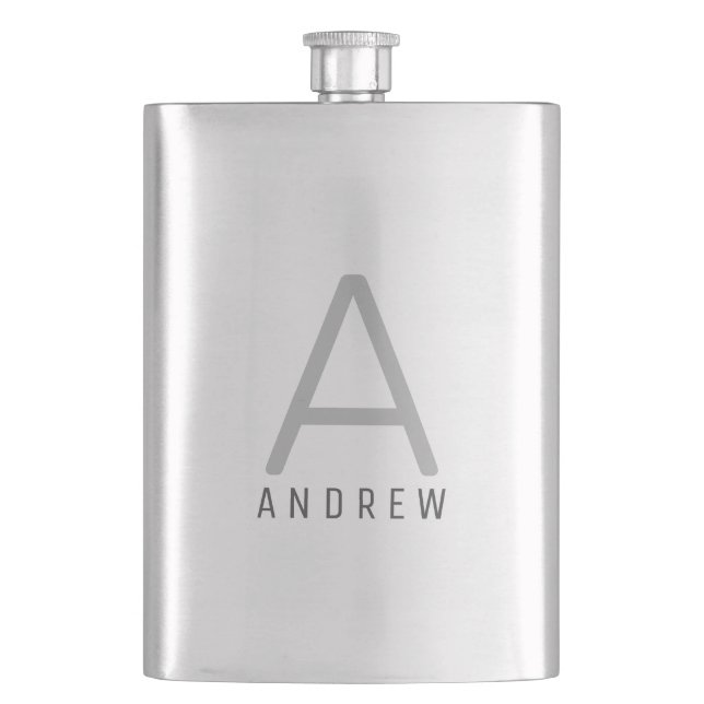 Modern Black Gray Monogram Personalized Flask (Front)