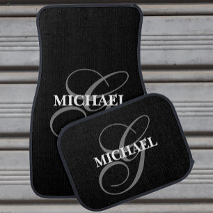 Modern Black Gray Monogram Script Car Floor Mat