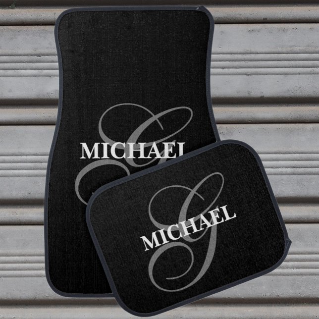 Modern Black Gray Monogram Script Car Floor Mat (Creator Uploaded)