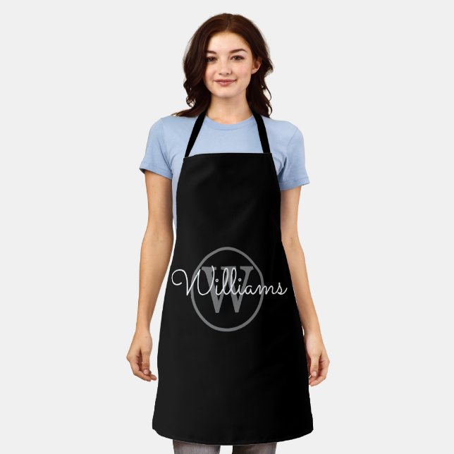 Modern Black Gray Monogram Script Name Apron (Worn)