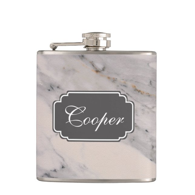 Modern black gray pink marble pattern  hip flask (Front)