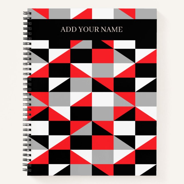 Modern Black Gray Red Geometric Pattern With Name Notebook (Front)