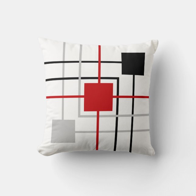 Modern Black Gray Red Lines & Squares Throw Pillow (Front)