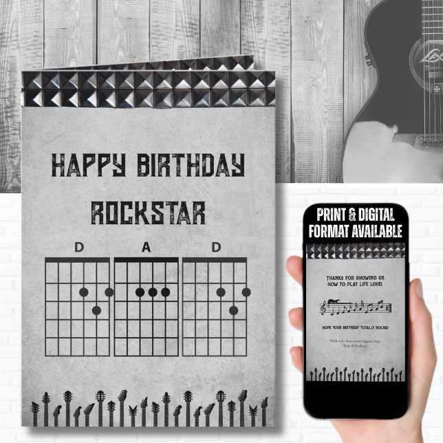 Modern Black Gray Rockstar Dad Happy Birthday Card (Unique Black/Gray guitar chord birthday card for the musician or heavy metal fan)
