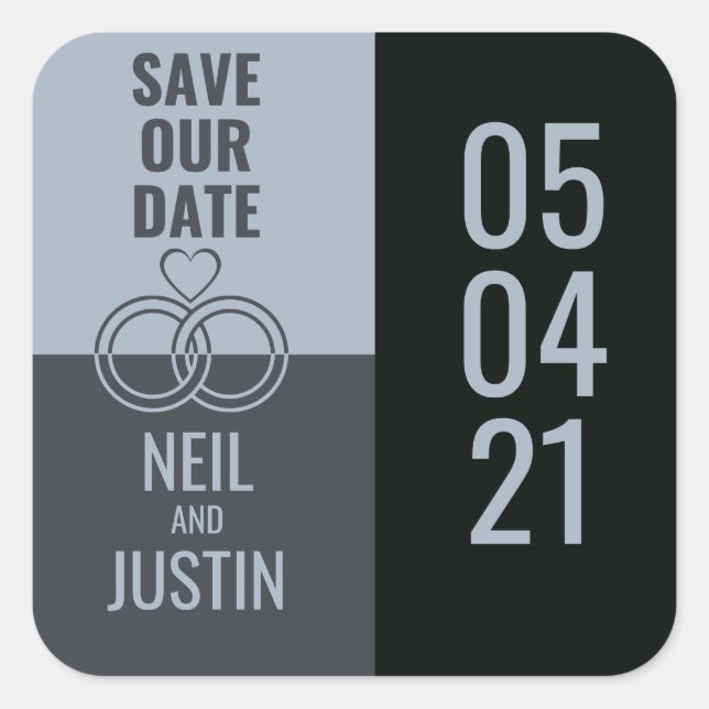 Modern Black & Gray Save The Date Square Sticker (Front)