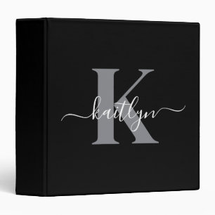 Modern Black Gray Script Monogram 3 Ring Binder