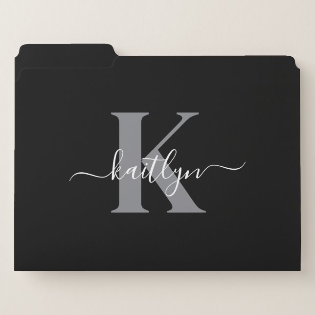 Modern Black Gray Script Monogram File Folder (Front Left)
