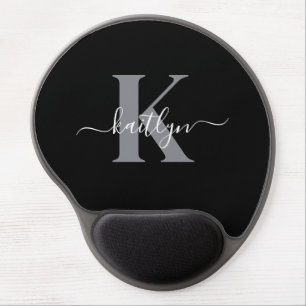 Modern Black Gray Script Monogram Gel Mouse Pad