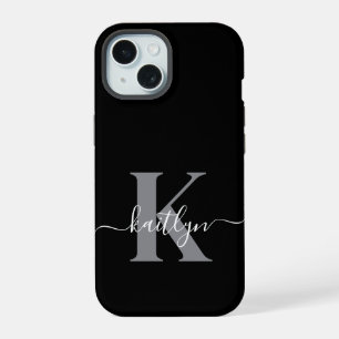 Modern Black Gray Script Monogram iPhone 15 Case