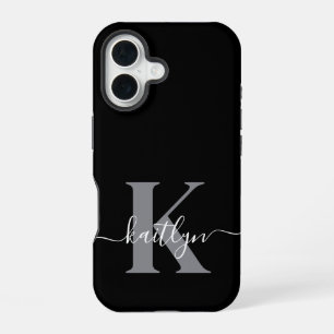 Modern Black Gray Script Monogram iPhone 16 Case