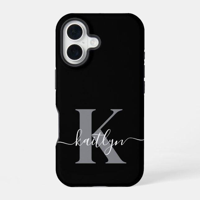 Modern Black Gray Script Monogram iPhone Case (Back)