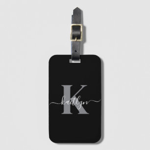 Modern Black Gray Script Monogram Luggage Tag