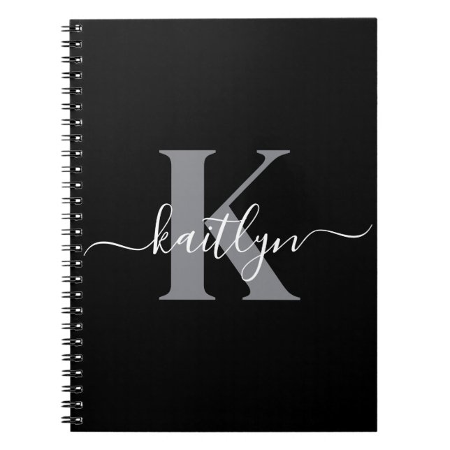 Modern Black Gray Script Monogram Notebook (Front)
