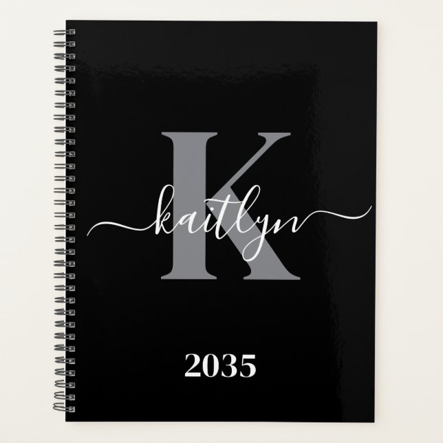 Modern Black Gray Script Monogram Planner (Front)