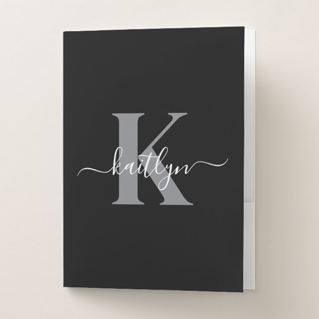 Modern Black Gray Script Monogram Pocket Folder (Front)