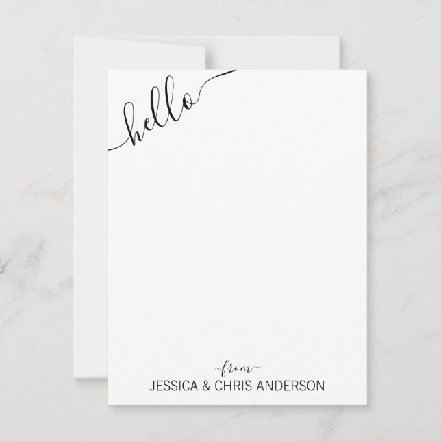 Modern Black Gray Script Slanted Hello From Couple Note Card (Front)