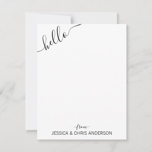 Modern Black Gray Script Slanted Hello From Couple Note Card