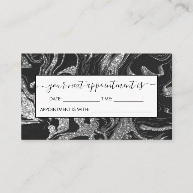 Modern Black Gray Silver Glitter Marble Appointment Card (Front)